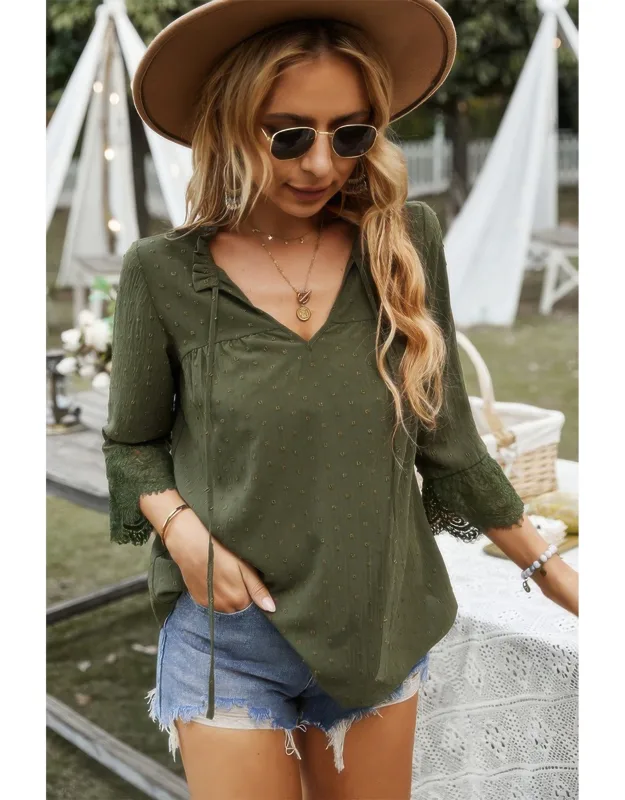 Swiss Dot Lace Splicing Sleeve V-neck Blouse