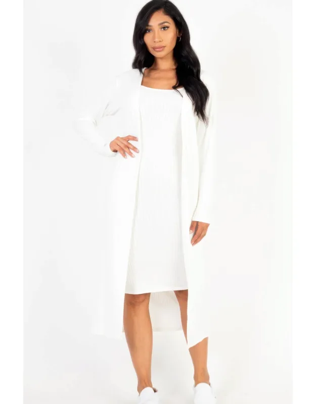 Ribbed Cardigan & Cami Midi Bodycon Dress