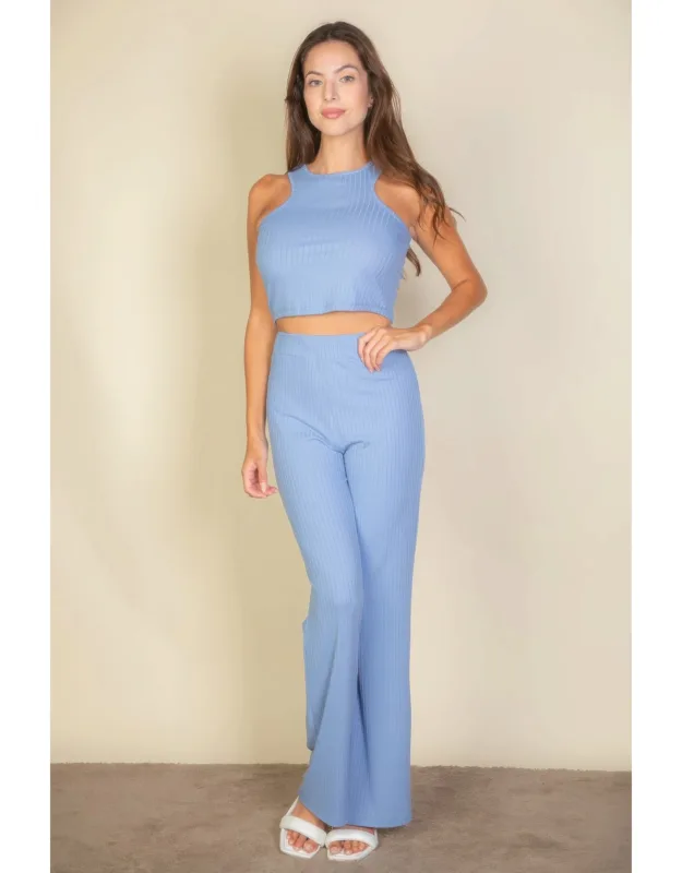 Ribbed Cropped Top And Bootcut Pants Set