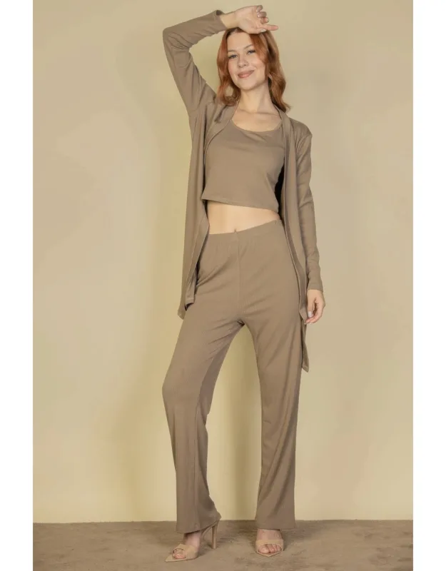 Flat Back Rib Cami Top With Pants And Long Cardigan Set