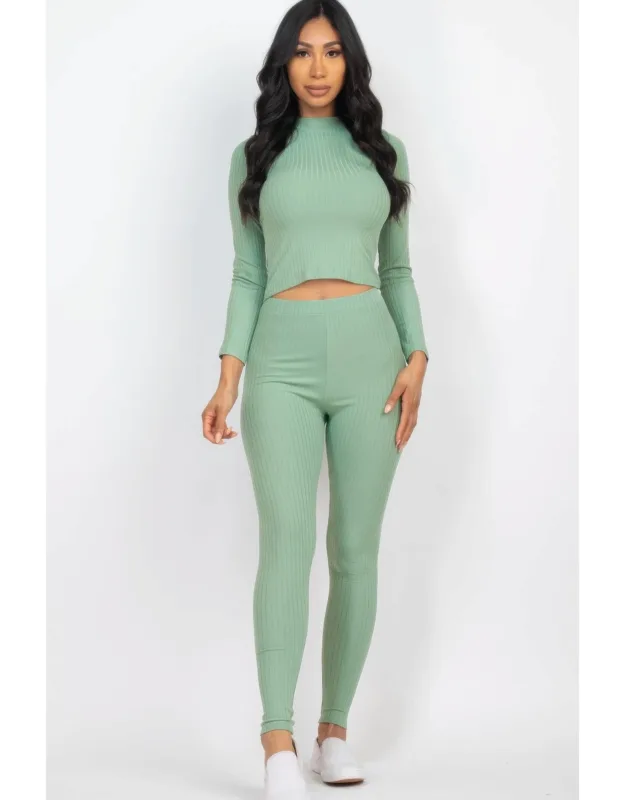 Ribbed Mock Neck Long Sleeve Top & Leggings Set