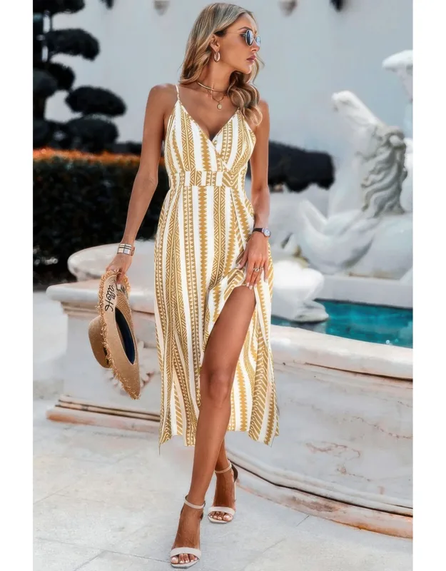 V Neck Geo Print Split Thigh Sleeveless Cami Dress