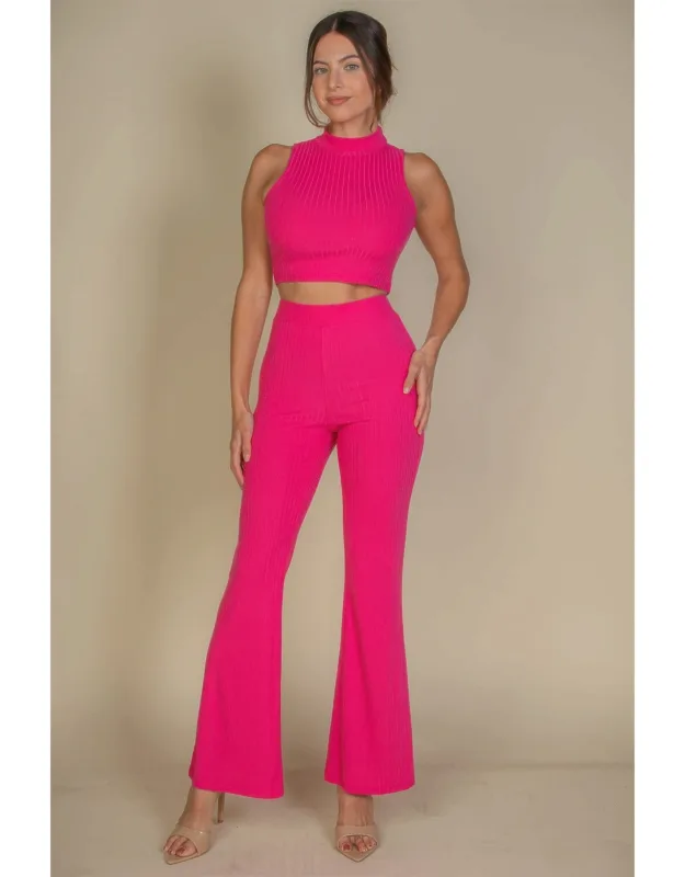Ribbed Mock Neck Crop Tank Top & Bootcut Pants Set