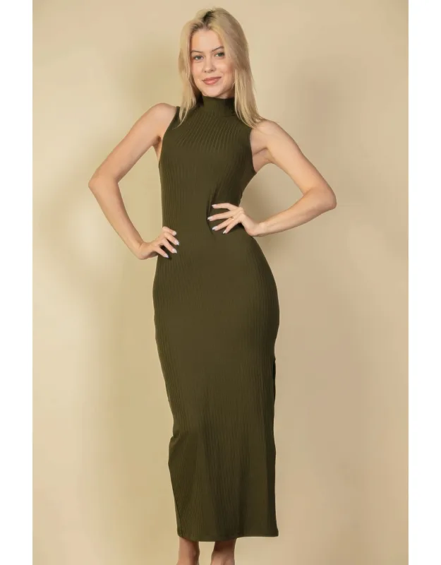 Ribbed Mock Neck Side Slit Sleeveless Bodycon Maxi Dress