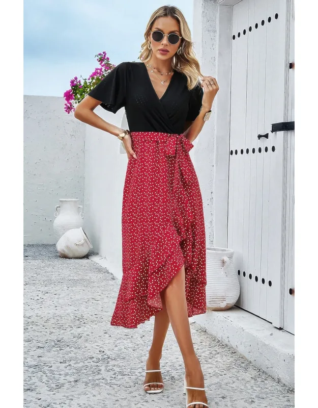 Cross Color Block Lace V Neck Belt Print Dress