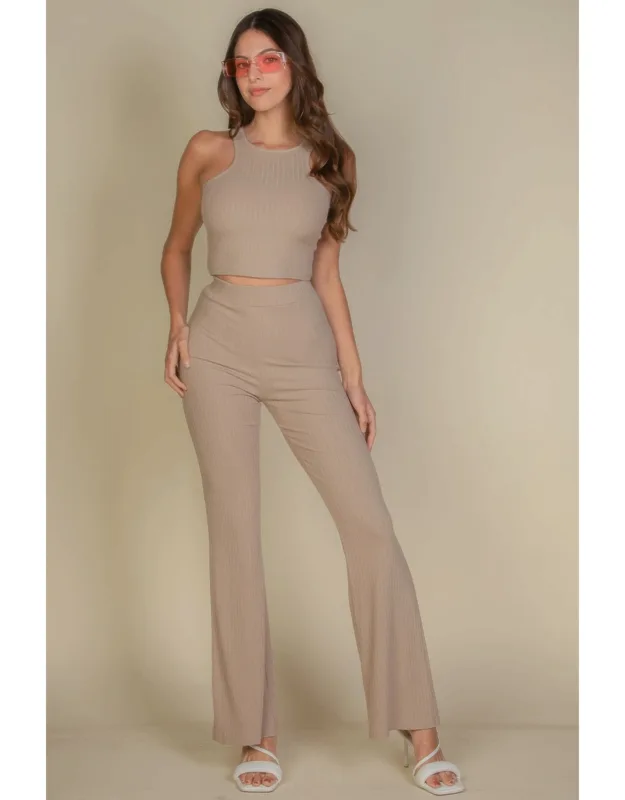 Ribbed Cropped Top And Bootcut Pants Set