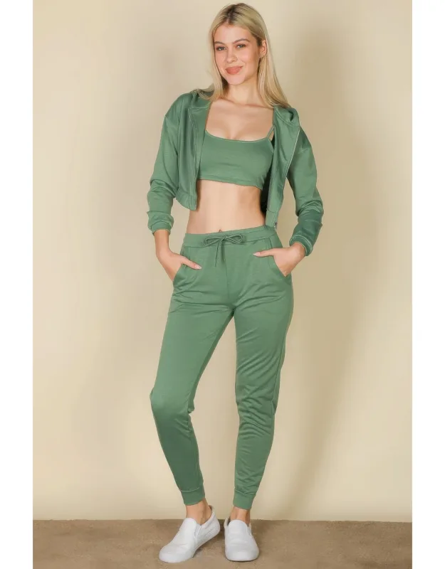 French Terry Cropped Cami With Zip-up Jacket And Joggers Set