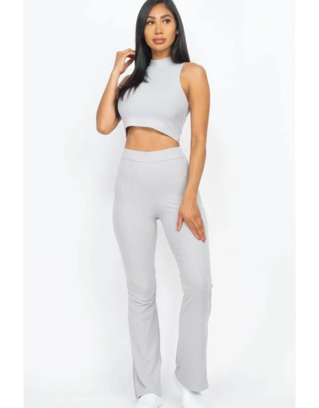 Ribbed Mock Neck Crop Tank Top & Bootcut Pants Set
