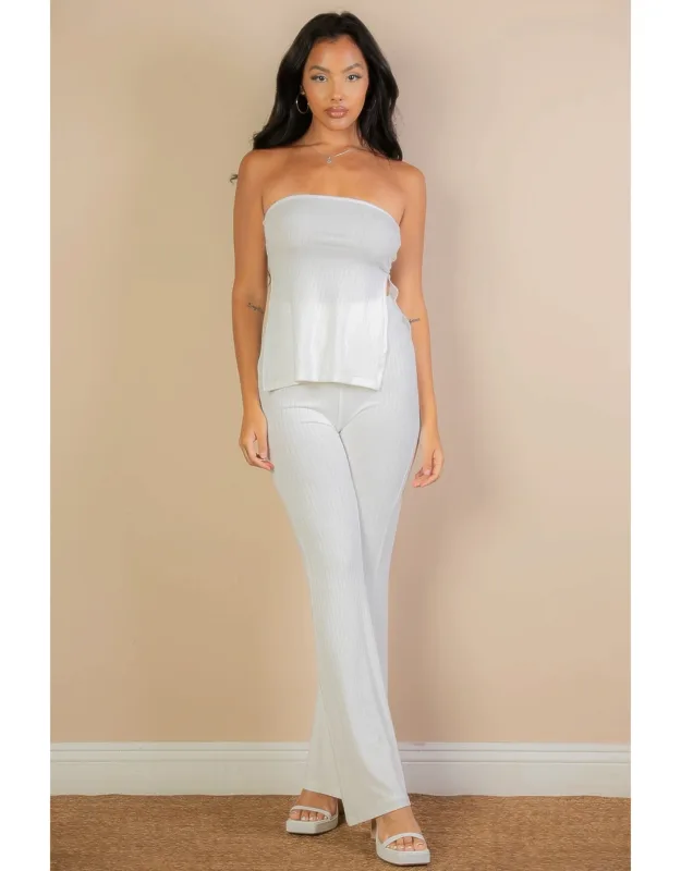 Ribbed Side Slit Bandeau Top & Flare Pants Set