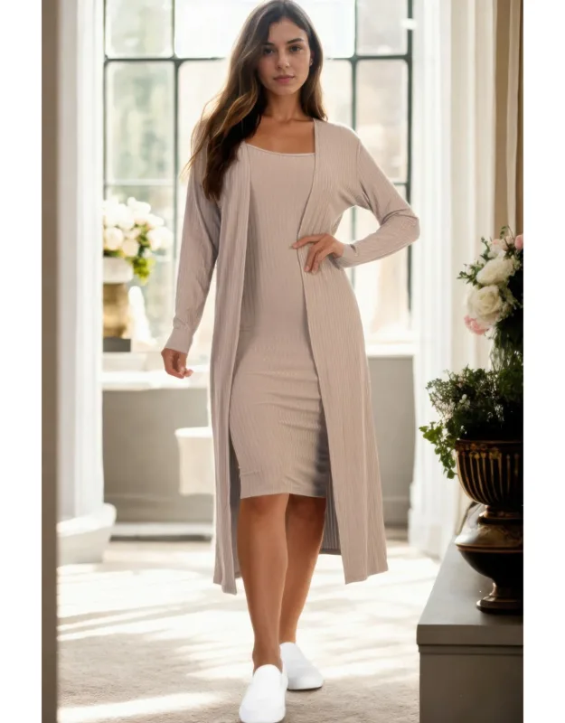 Ribbed Cardigan & Cami Midi Bodycon Dress