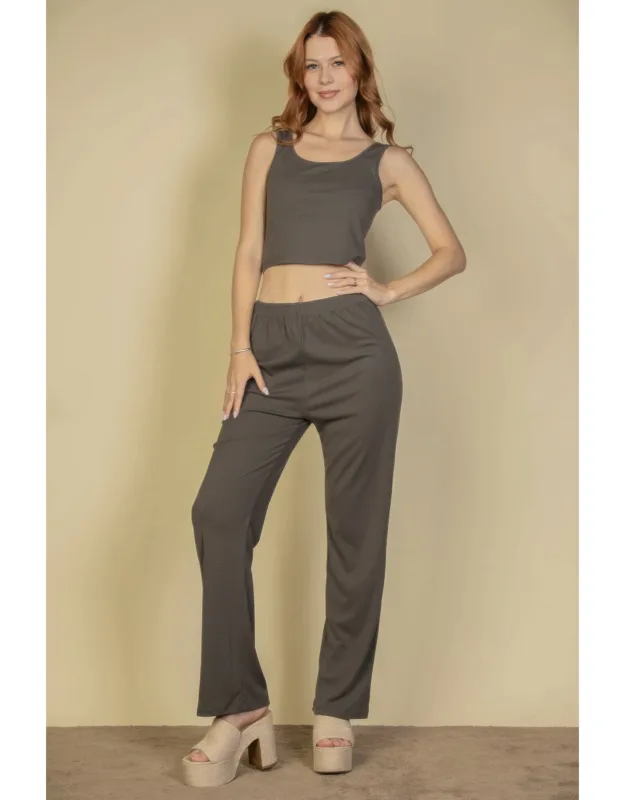 Flat Back Rib Cami Top With Pants And Long Cardigan Set