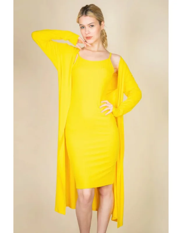 Ribbed Cardigan & Cami Midi Bodycon Dress