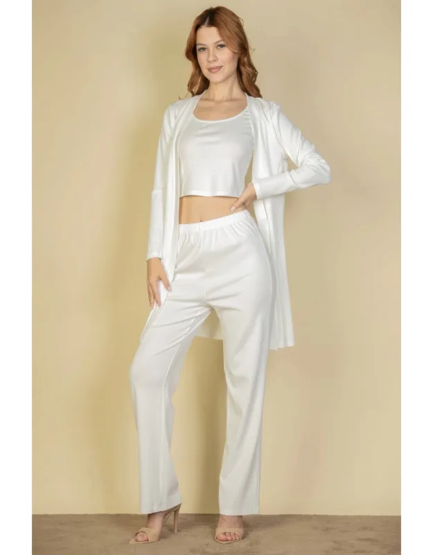 Flat Back Rib Cami Top Set With Pants And Long Cardigan