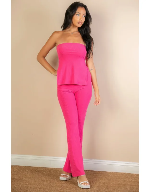 Ribbed Side Slit Bandeau Top & Flare Pants Set