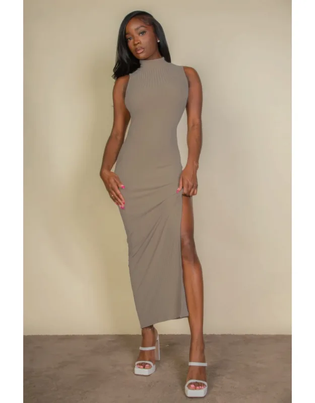 Ribbed Mock Neck Side Slit Sleeveless Bodycon Maxi Dress