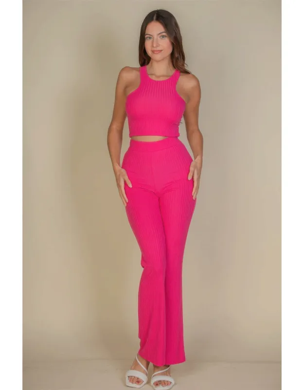 Ribbed Cropped Top And Bootcut Pants Set