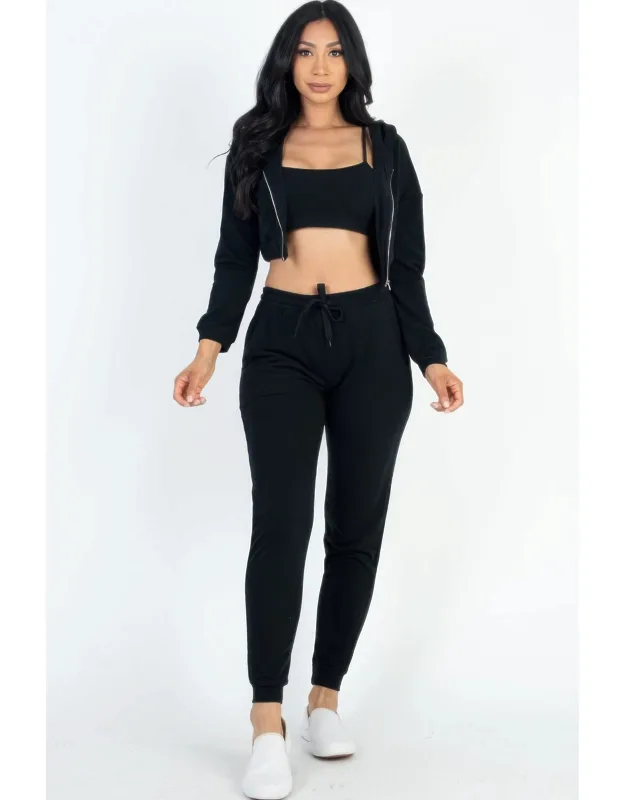 French Terry Cropped Cami With Zip-up Jacket And Joggers Set