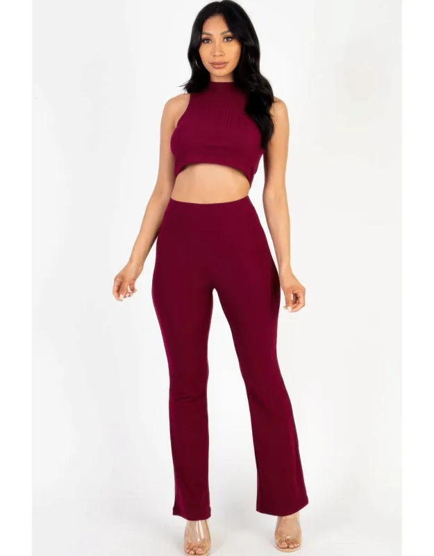 Ribbed Mock Neck Crop Tank Top & Bootcut Pants Set