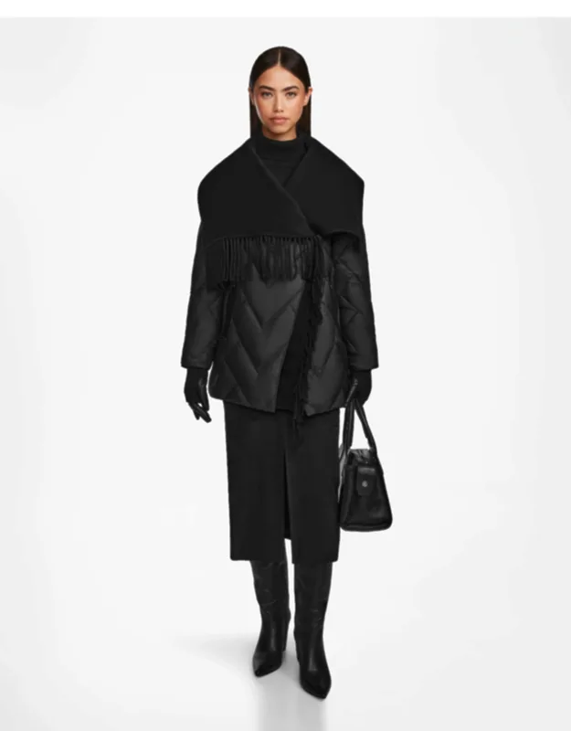 Wool & Down Wrap Fringe Coat