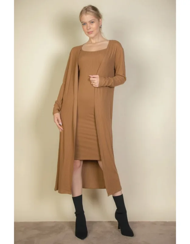 Ribbed Cardigan & Cami Midi Bodycon Dress