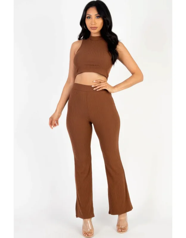 Ribbed Mock Neck Crop Tank Top & Bootcut Pants Set