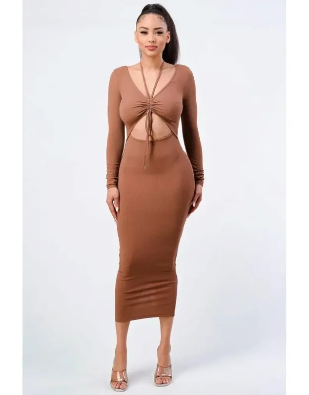 Trendy Front Shirring Cut-out Long Sleeve Dress