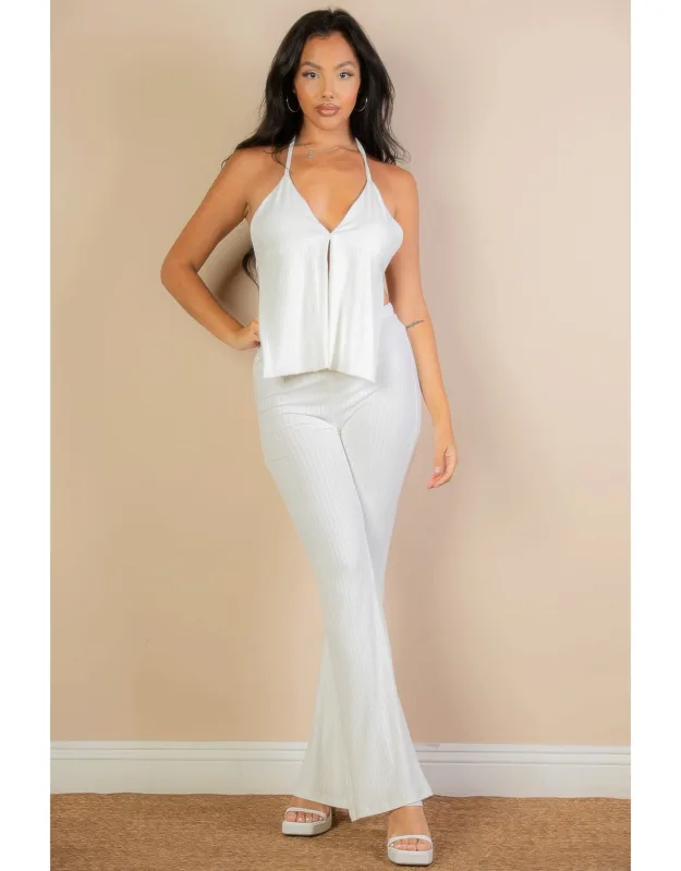Split Front Backless Halter Top & Flare Pants Set