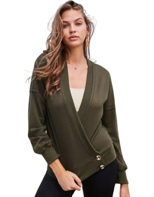 Overwrap Front Button Detail Long Sleeve Knit Top