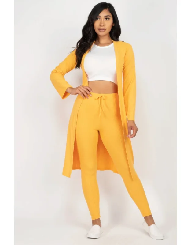 Ribbed Long Cardigan And Leggings Set