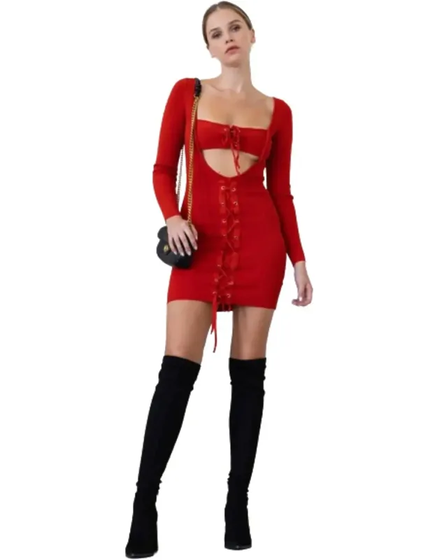 Knit Cut-out Bustier Top With Lace Down Detail Mini Dress