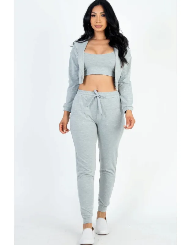 French Terry Cropped Cami With Zip-up Jacket And Joggers Set