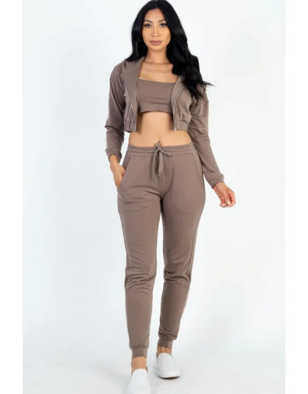 French Terry Cropped Cami With Zip-up Jacket And Joggers Set