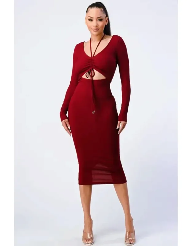 Trendy Front Shirring Cut-out Long Sleeved Dress