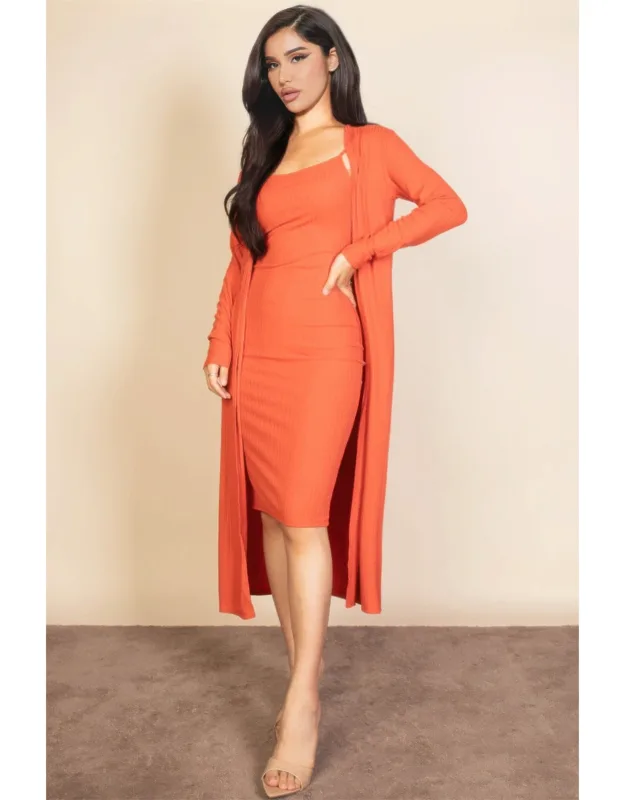 Ribbed Cardigan & Cami Midi Bodycon Dress