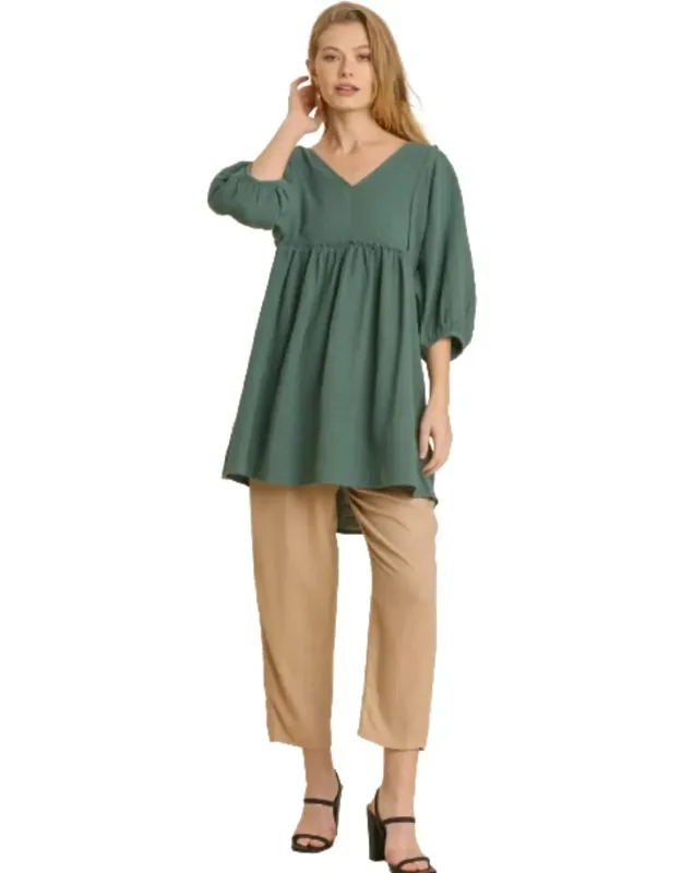 Gauze Slub V-neck Frayed Edge Detail Tunic Dress