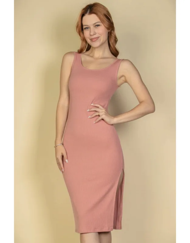 Flat Back Rib Sleeveless Tank Side Slit Bodycon Dress