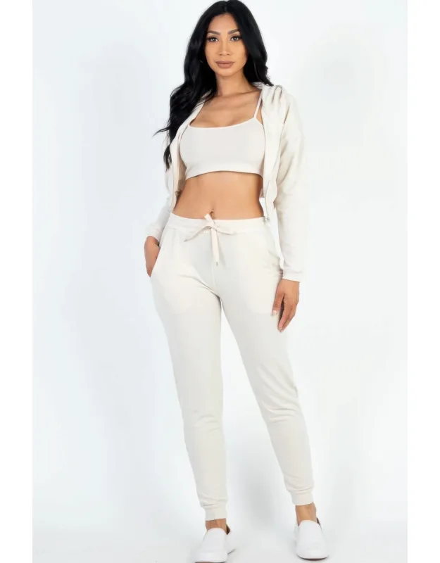 French Terry Cropped Cami With Zip-up Jacket And Joggers Set