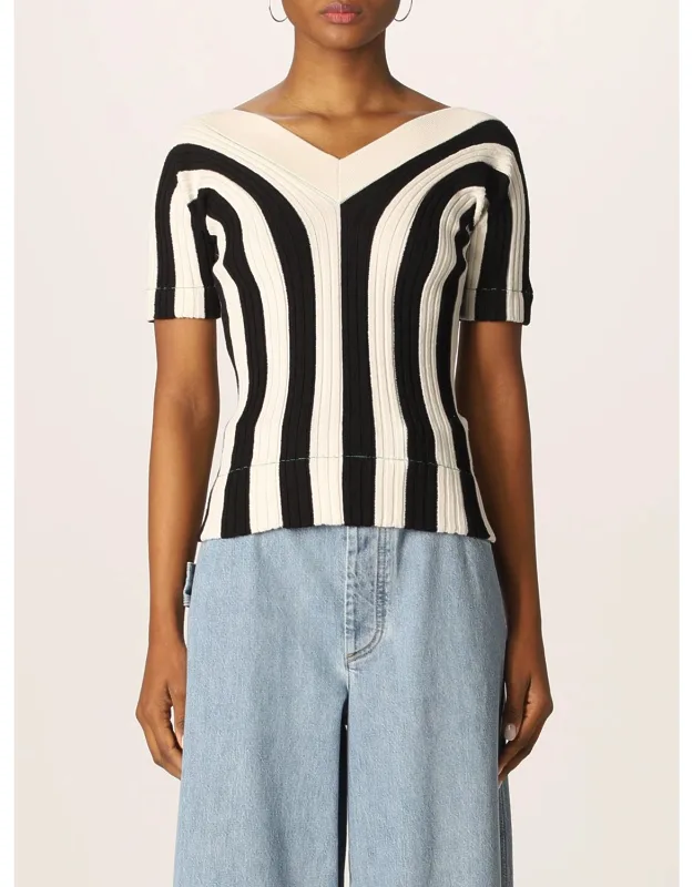 Ribbed And Striped Knit V-neck Sweater