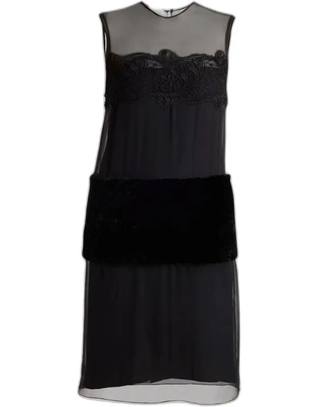 Silk Chiffon Velvet Panel Sleeveless Midi Dress