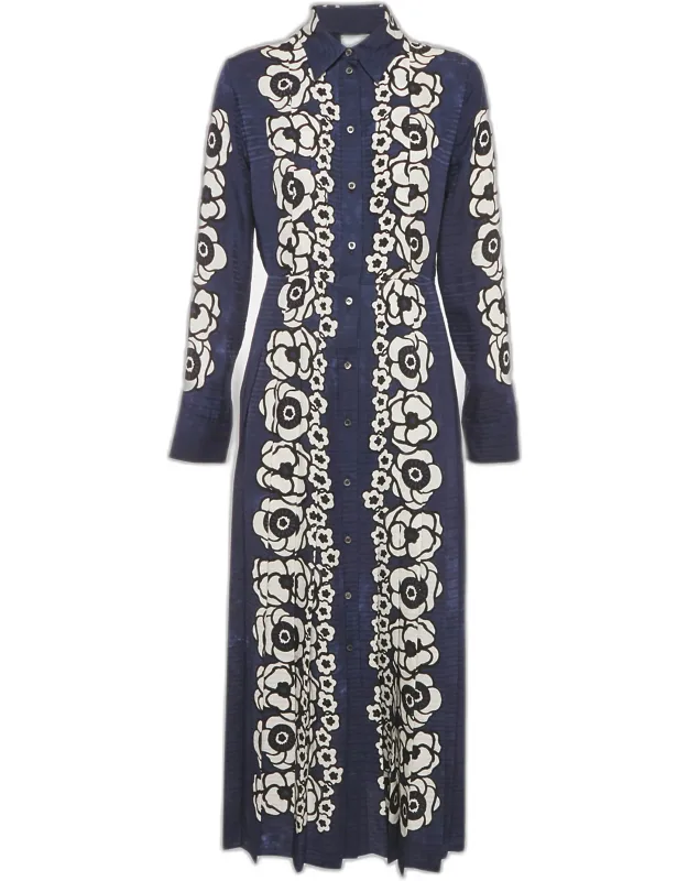 Floral Print Satin Silk Pleated Long Dress