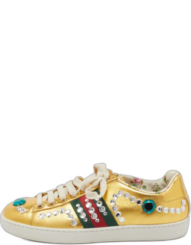 Metallic Gold Leather Crystal Web Low Top Sneakers