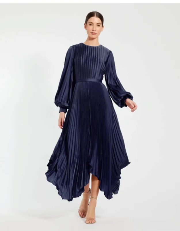 Long Sleeve Pleated Charmeuse Handkerchief Wedding Guest Dress