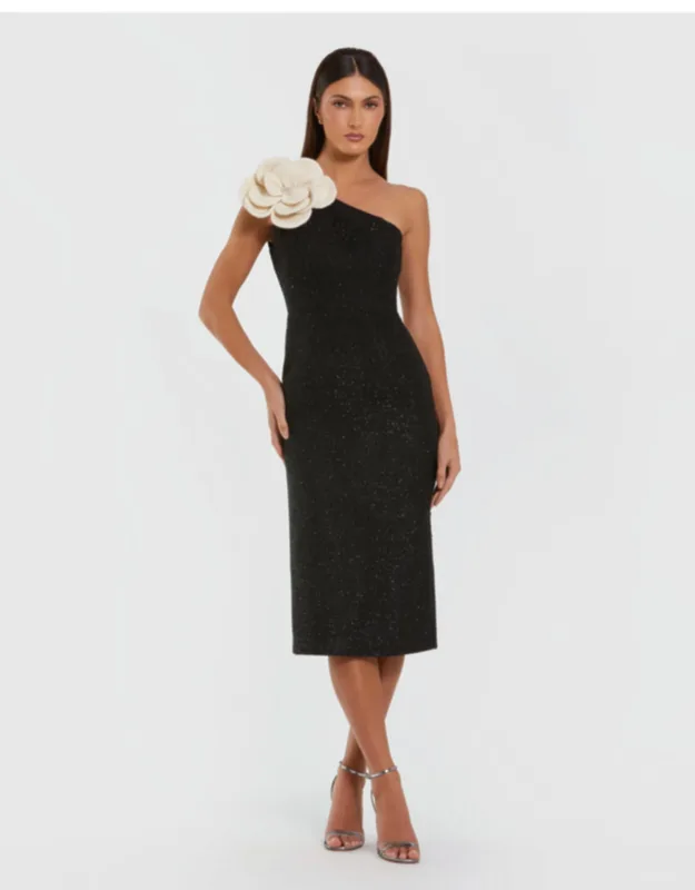 One Shoulder Boucle Wedding Guest Midi Dress With 3d Flower