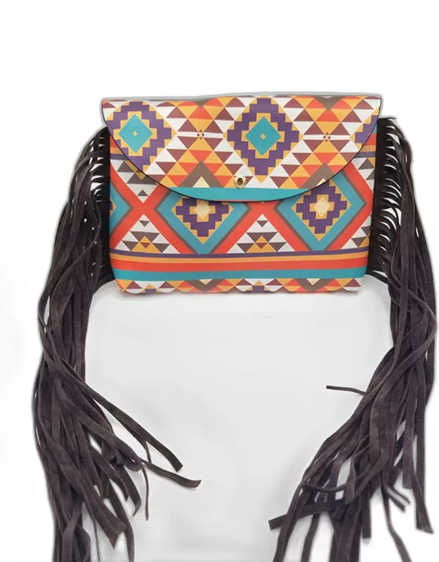 Boho Patterned Faux Leather Suede Tassel Bag