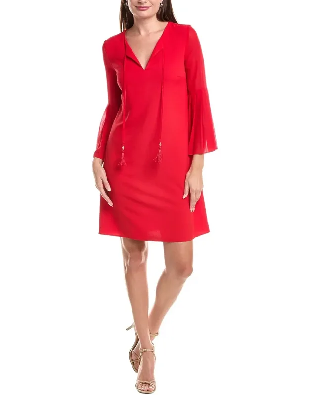 Pleated Bell-sleeve Shift Dress