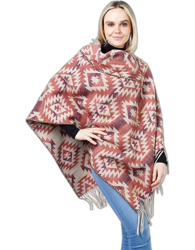 Poncho With Western Pattern And Tassels