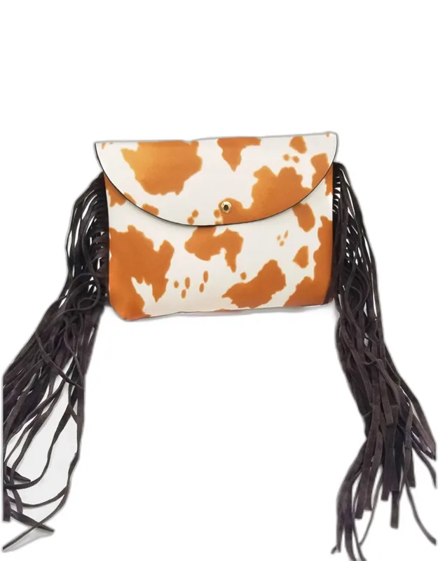 Cow Patterned Faux Leather Suede Tassel Fanny Pack
