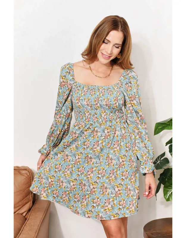 Floral Smocked Flounce Sleeve Dress