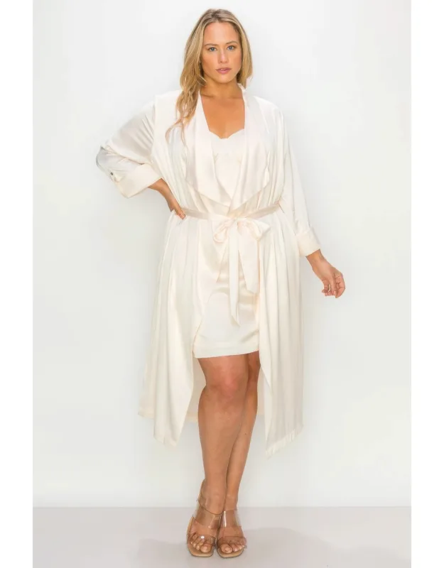 Satin Strap Dress With Self Belt Coat Set