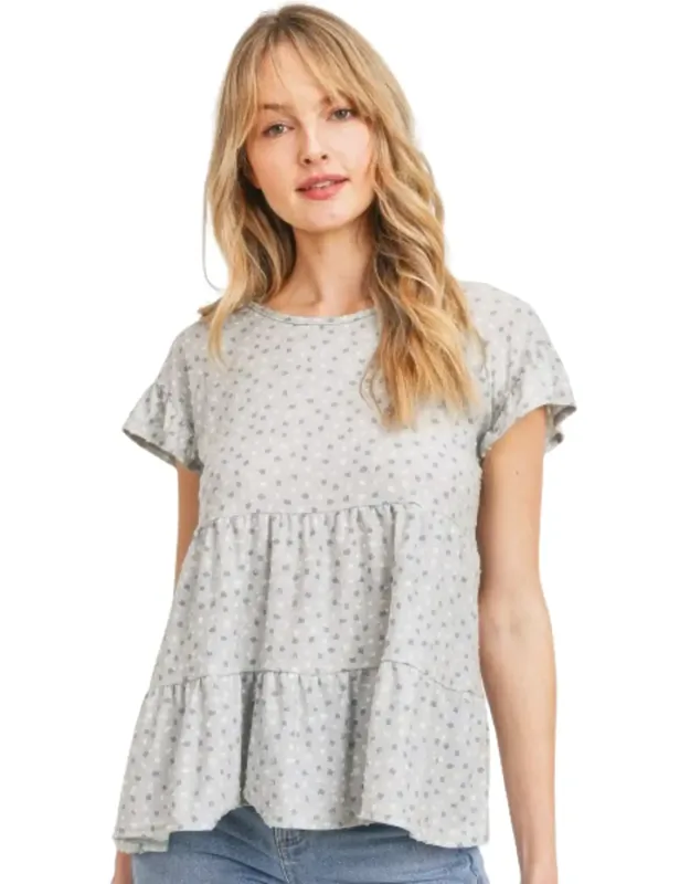 Dot Textured Print Jersey Ruffled Short Sleeve Top